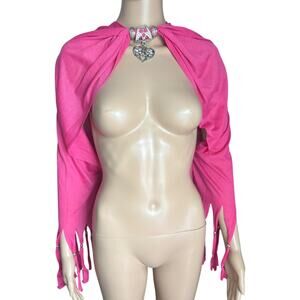 Upcycled Barbiecore Pink Fringe Top Charm Beaded Festival Rave Y2K Cape Love